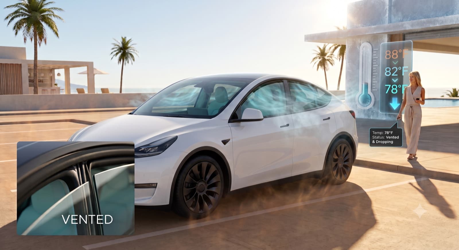 A Tesla parked in the sun with its windows cracked open to vent heat