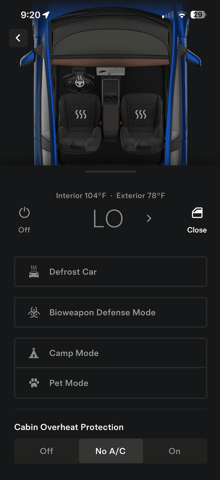 Tesla app Cabin Overheat Protection screen showing manual Off, No A/C, and On toggles with no automatic window venting option