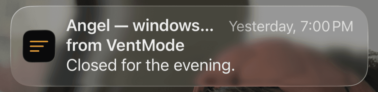 iPhone push notification from VentMode confirming the Tesla's windows closed for the evening