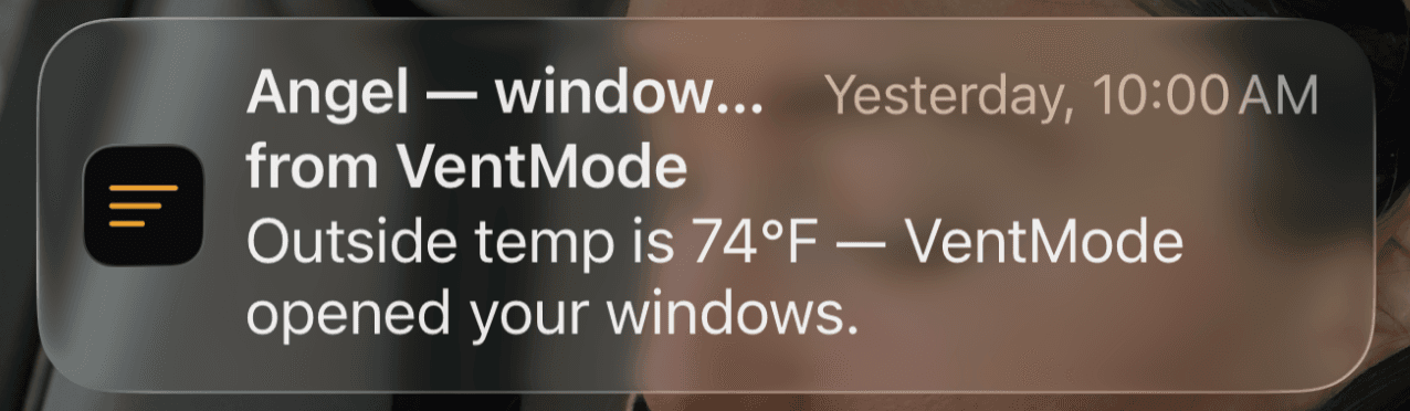 iPhone push notification from VentMode: outside temp is 74°F, VentMode opened your Tesla's windows