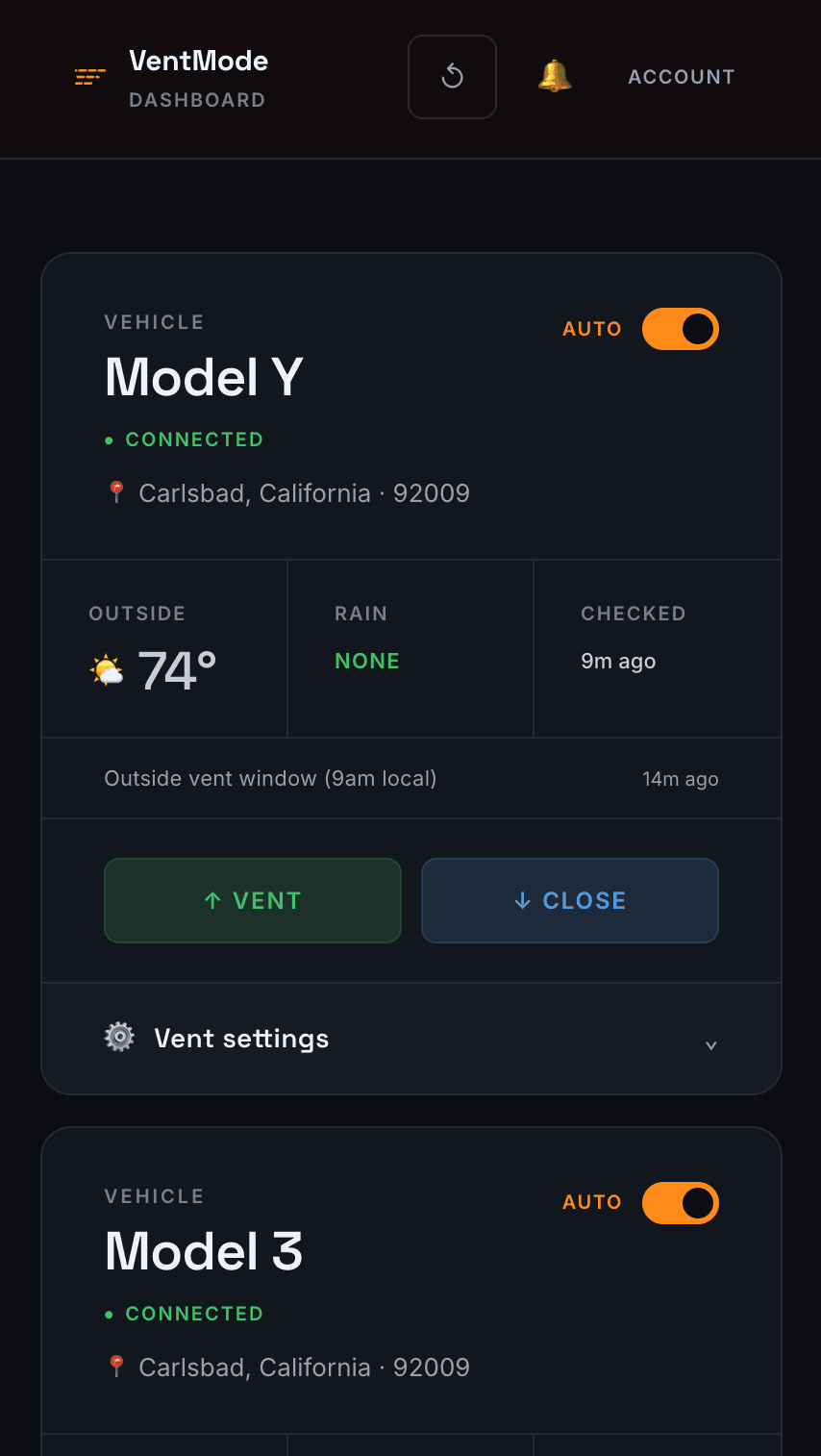 VentMode dashboard showing a connected Tesla Model Y with outside temperature, rain forecast, and automatic Tesla window venting controls
